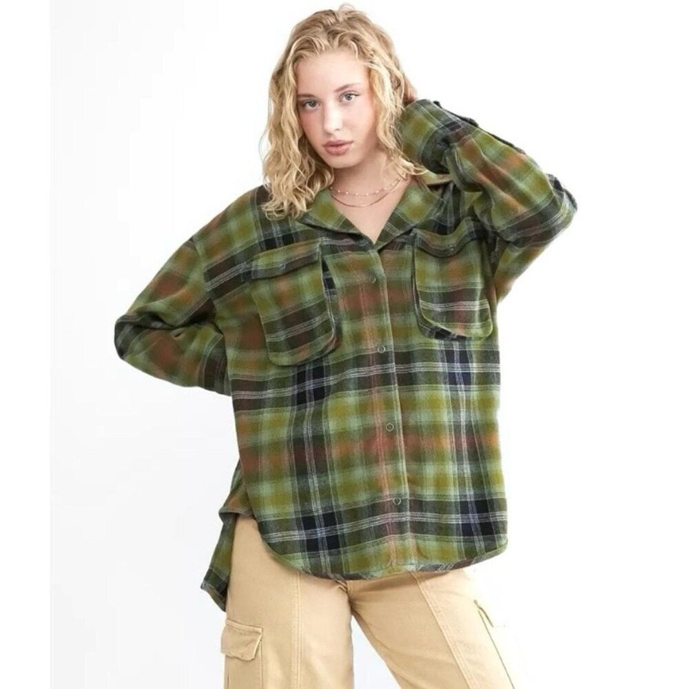 Free People We The Free Izzy Cargo Olive Combo Relaxed Flannel Shirt NWOT L